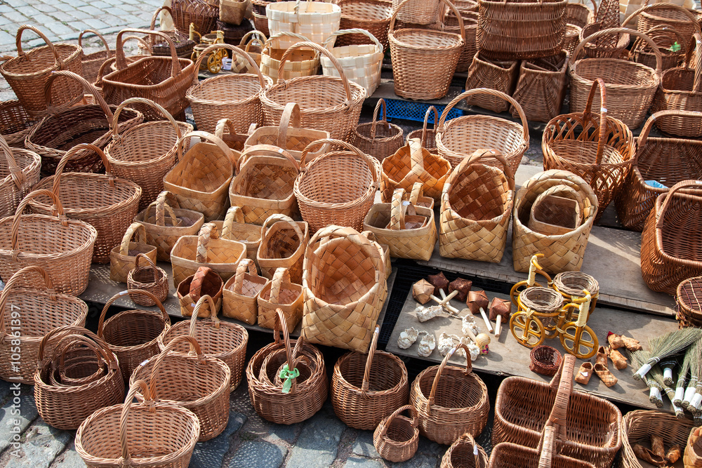 Wicker baskets ready for sale at the local market Wicker baskets ready for sale at the local market