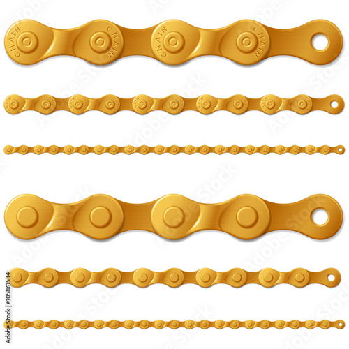 Set of golden metal bicycle chain, isolated on white, vector illustration