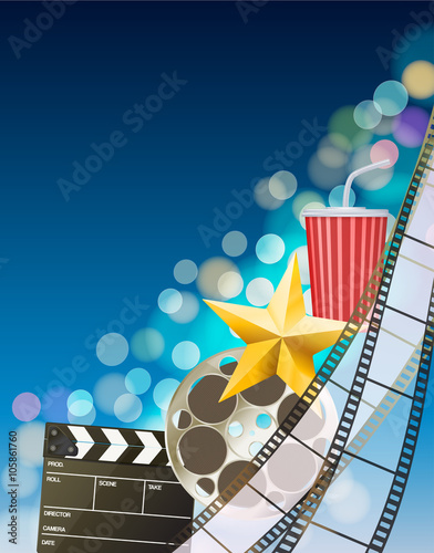 Cinema background with filmstrip, golden star, cup, clapperboard