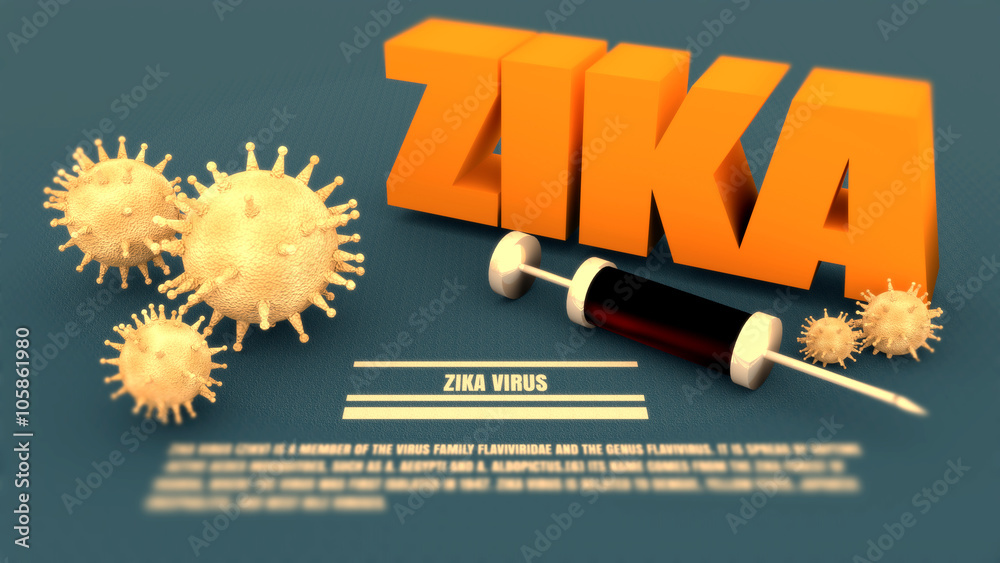 Zika disease, abstract virus models and syringe Zika disease, abstract virus models and syringe