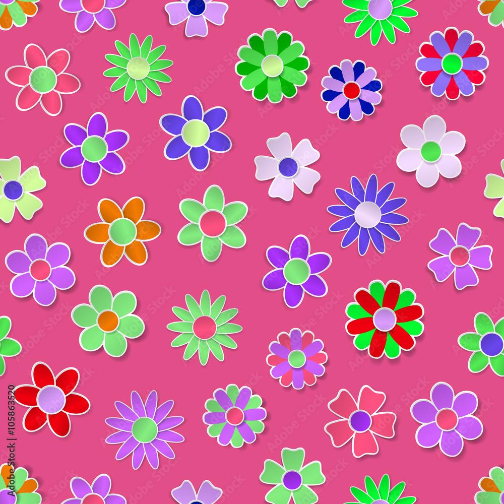 Seamless pattern of multicolored paper flowers