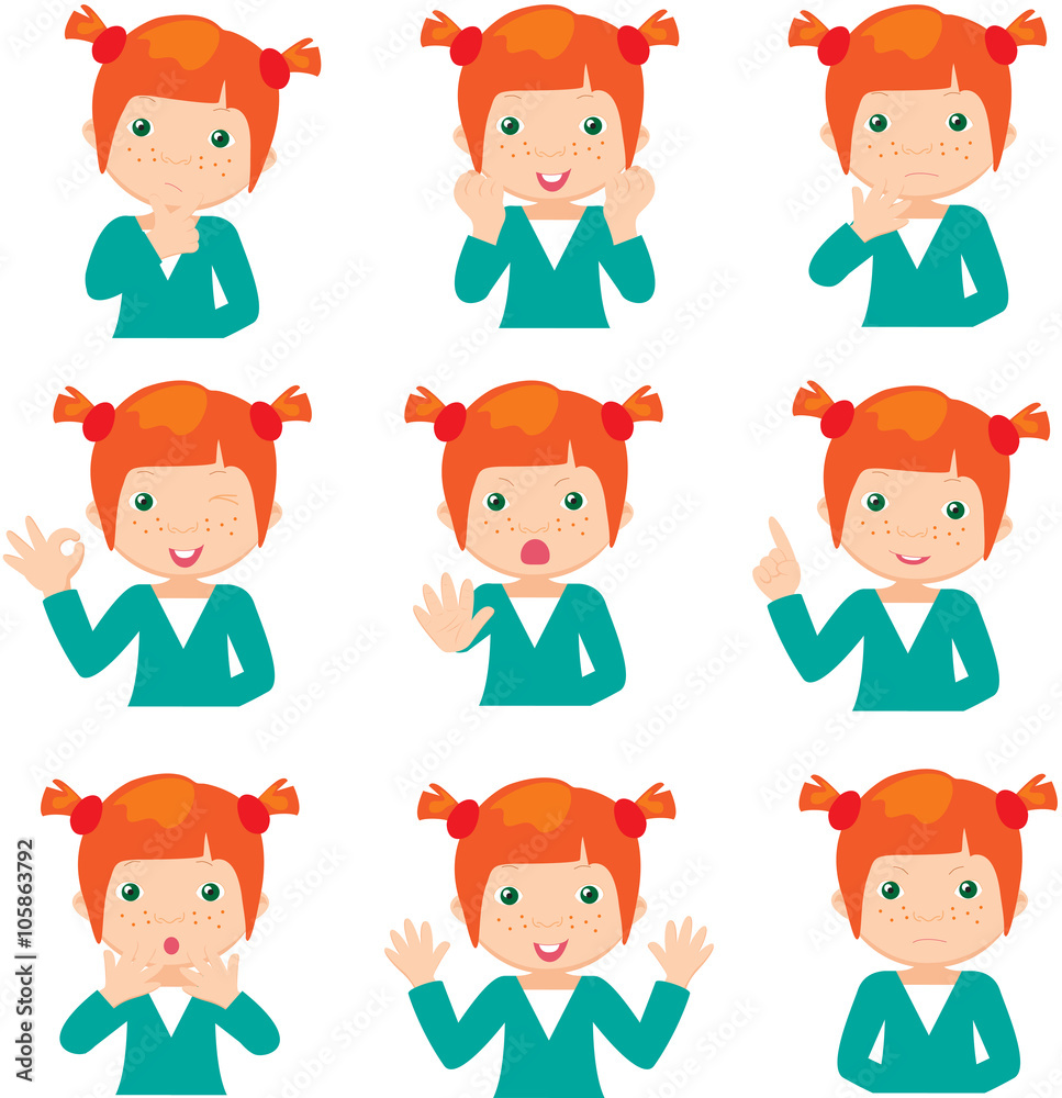 Red-haired girl doubts, rejoices, angry and gives advice Red-haired girl doubts, rejoices, angry and gives advice
