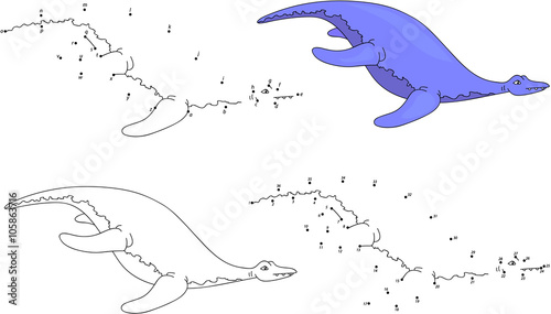 Cartoon pliosaur. Coloring book and dot to dot game for kids