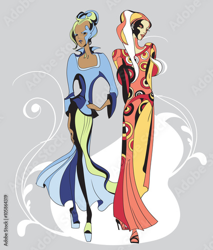 Ethno fashion models in sketch style