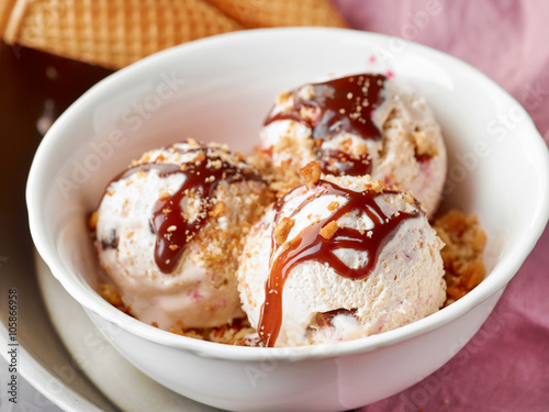 bowl of ice cream with chocolate sauce
