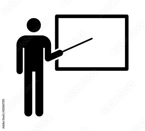 Teacher with stick pointing to blackboard flat icon for education apps and websites