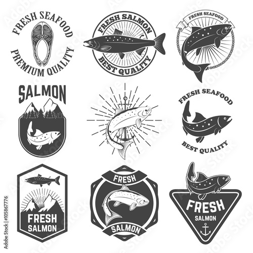 Set of the fresh salmon labels, emblems and design elements.