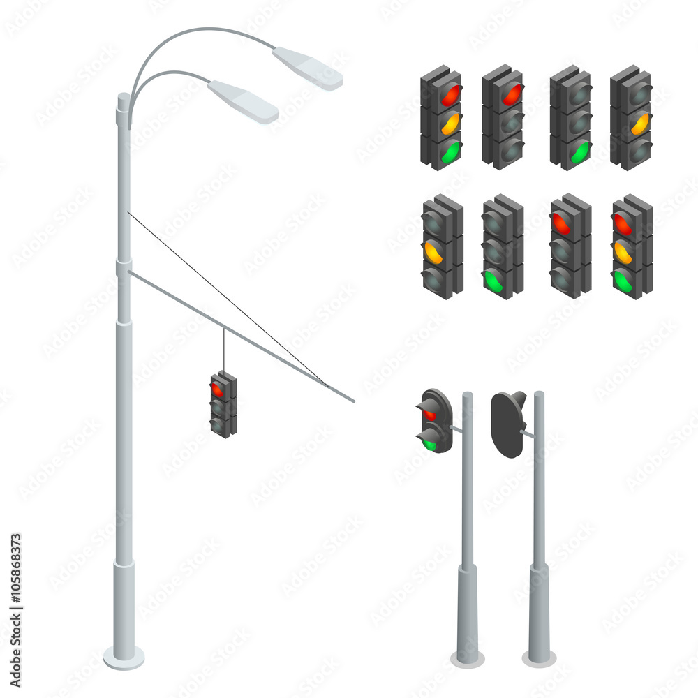Traffic light. Traffic light icons set. Traffic light 3d isometric flat