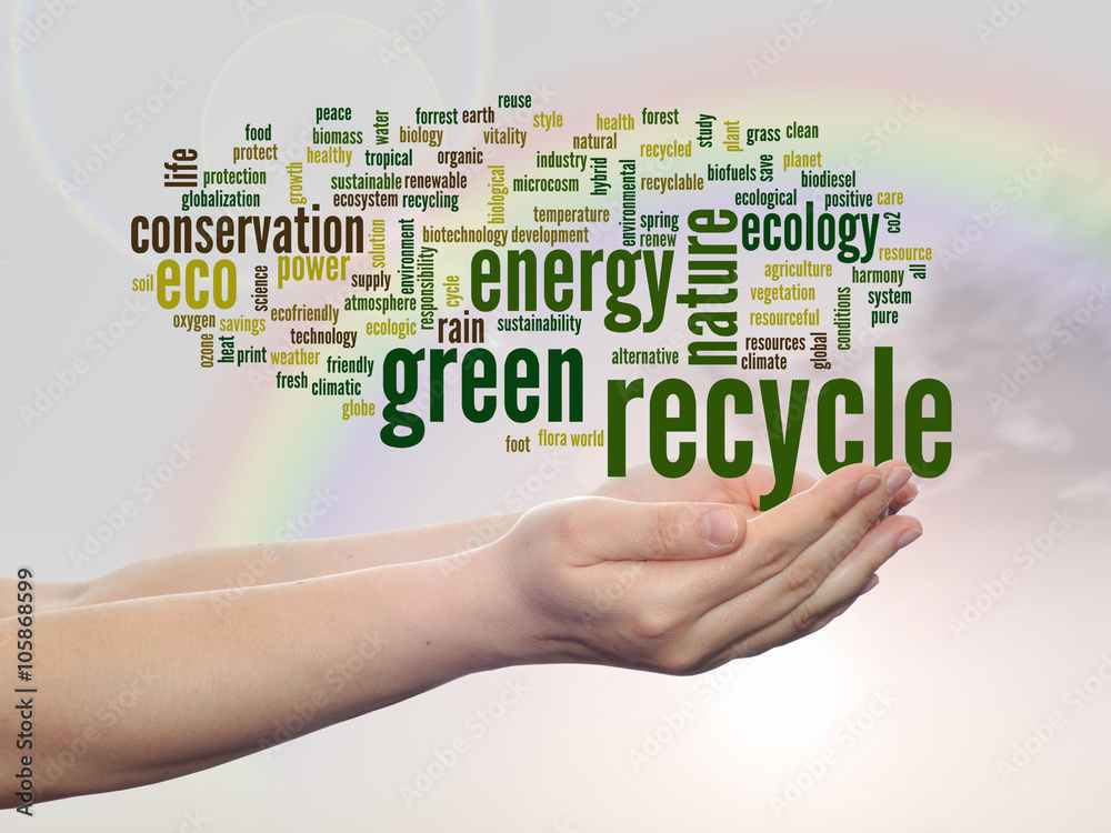 Conceptual ecology word cloud over rainbow Conceptual ecology word cloud over rainbow