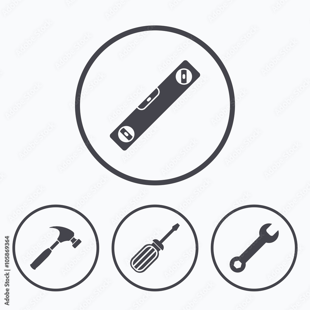 Screwdriver and bubble level, hammer. Screwdriver and bubble level, hammer.
