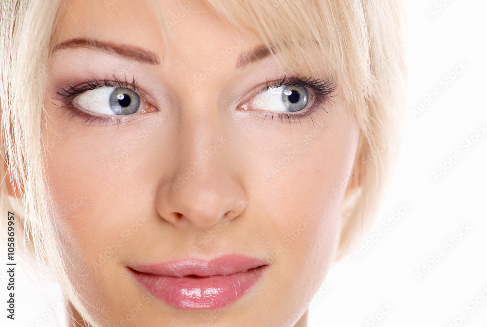 Close up portrait of beautiful young woman face. Isolated on white background. Close up portrait of beautiful young woman face. Isolated on white background.
