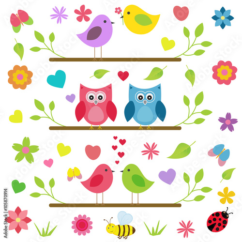 Vector set of spring theme. Spring trees  flowers  butterflies  ladybugs  love owls and other birds