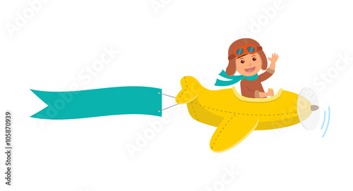 Cute boy pilot flies on a yellow plane in the sky. Air adventure. Isolated cartoon vector illustration