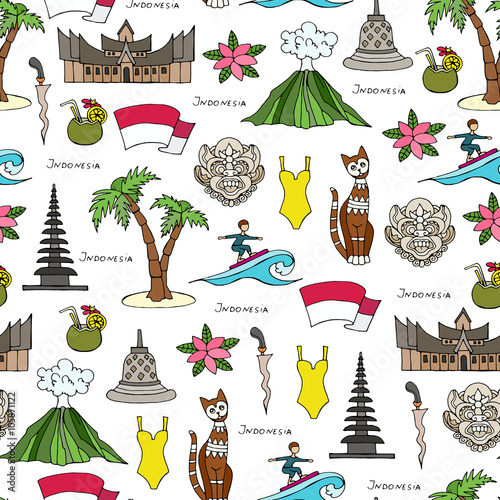 Vector seamless pattern with hand drawn colored symbols of Indonesia