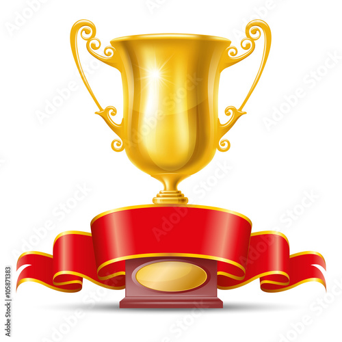Golden Trophy Cup with Red Ribbon