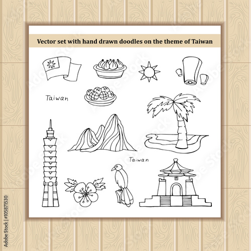 Vector set with hand drawn isolated doodles of Taiwan