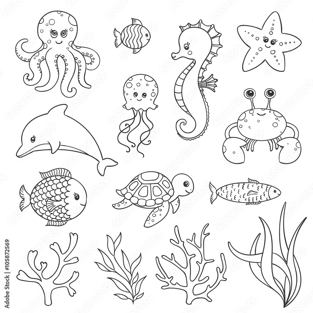 Vector Illustration of Cute Hand Drawn Sea Life Creatures