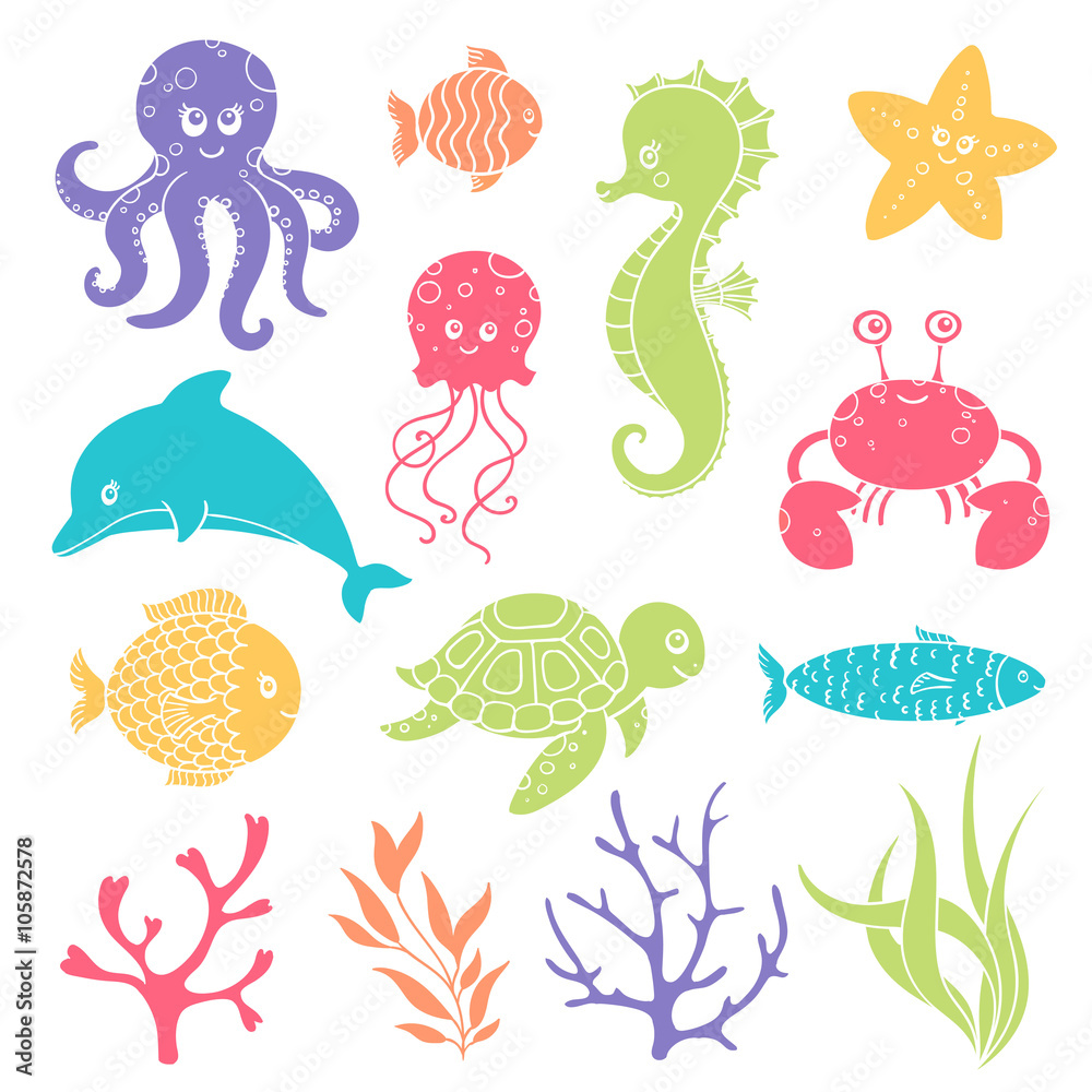 Obraz premium Vector Illustration of Cute Sea Life Creatures