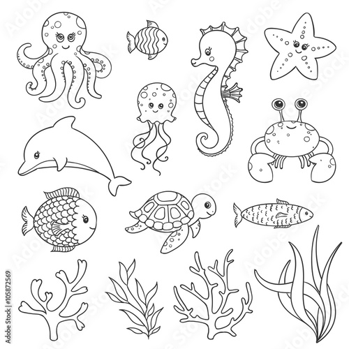 Vector Illustration of Cute Hand Drawn Sea Life Creatures