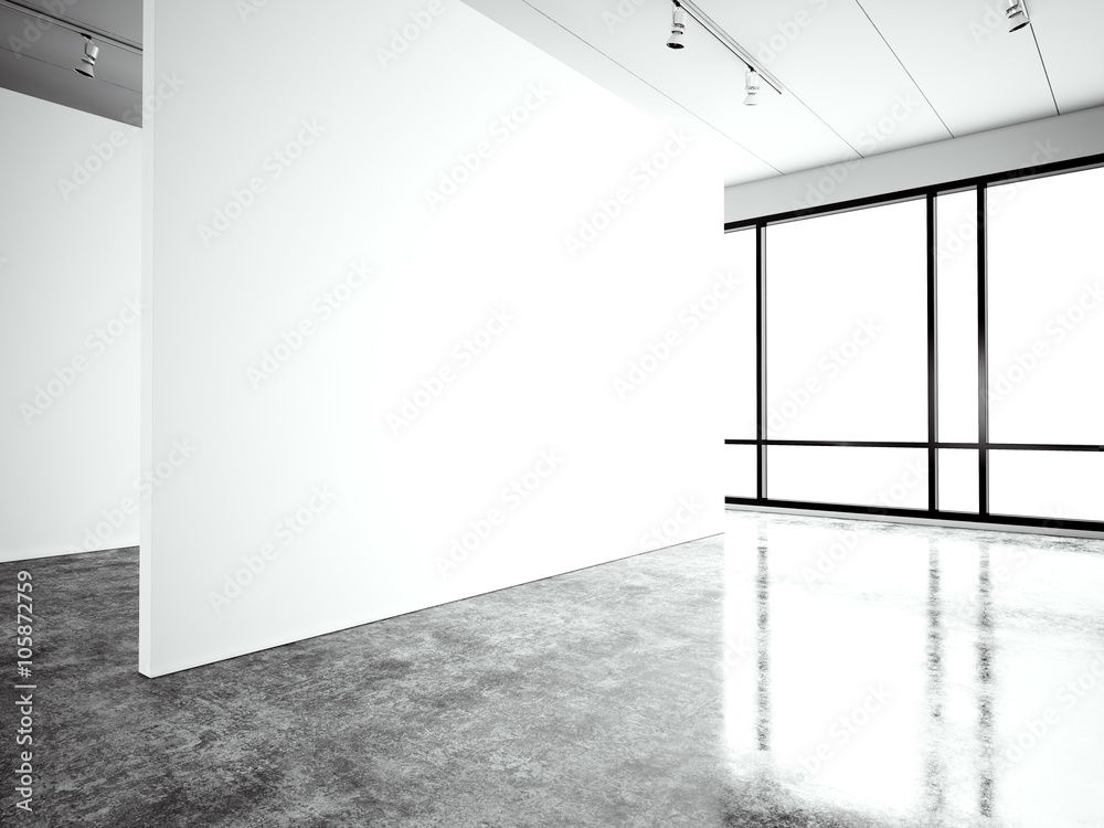 Photo exposition modern gallery,open space. Blank white empty canvas  contemporary industrial place.Simply interior loft style with concrete  floor,panoramic windows. Black, white. 3d Render Stock Photo | Adobe Stock