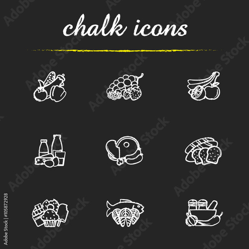 Grocery store items chalk icons set