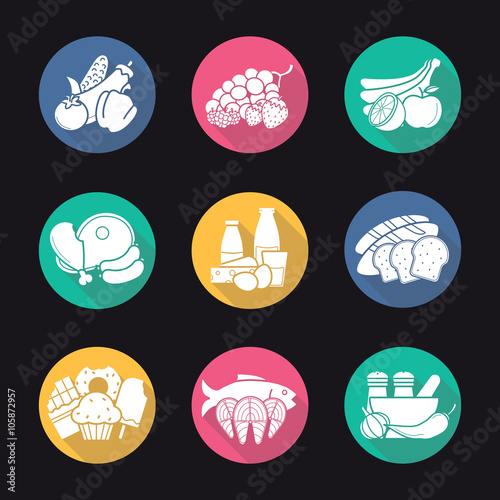 Grocery store items flat design long shadow icons set