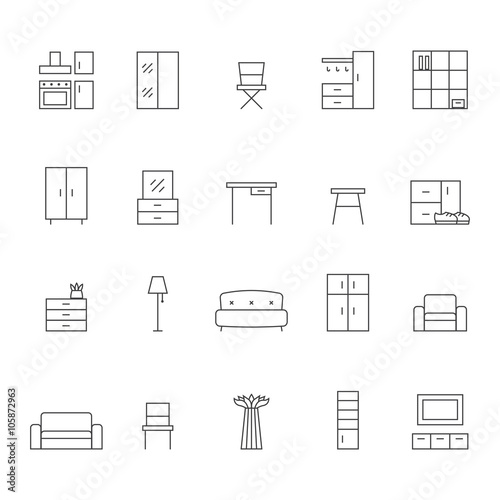 Furniture outline vector icon set. Modern minimalistic design.
