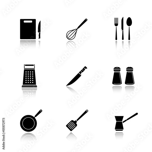 Kitchenware drop shadow black icons set.