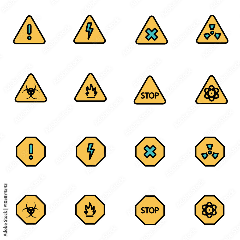 Trendy flat line icon pack for designers and developers. Vector line danger icon set, danger icon object, danger icon picture, danger image - stock vector Trendy flat line icon pack for designers and developers. Vector line danger icon set, danger icon object, danger icon picture, danger image - stock vector