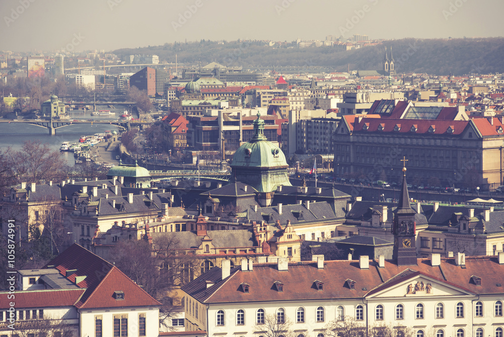 aerial view of the Old Town and Vltava river in Prague, Czech Republic, vintage effect