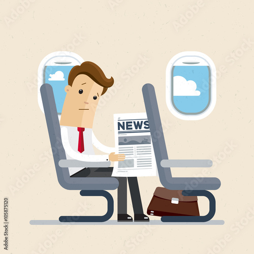 Businessman or manager sitting in an airplane in economy class, reading a newspaper. Vector illustration.