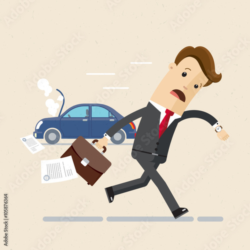 A manager or businessman is late, hurry, running. car broke down. Illustration, vector EPS 10