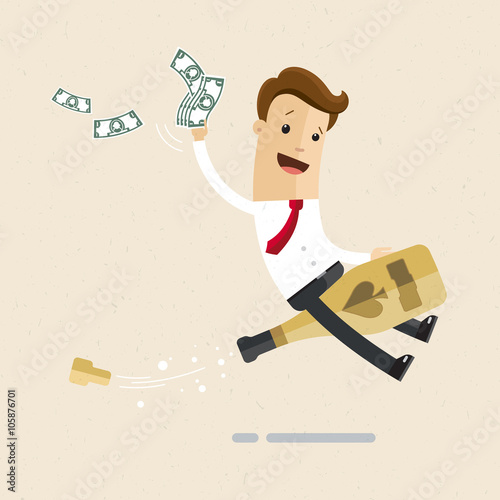 Manager or business man is sitting astride a bottle of champagne. Celebration, happy event, party. Illustration, vector EPS 10