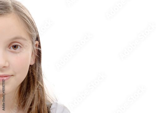 half portrait of preteen girl isolated on a white background