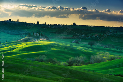 The sunset over the fields of Tuscany in the early spring.