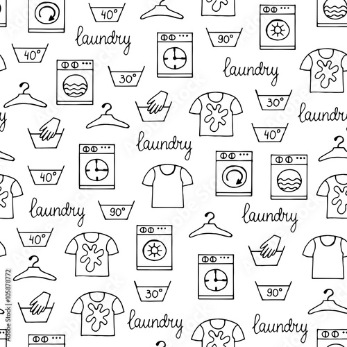 Vector seamless hand drawn pattern with hand drawn isolated symbols of laundry on white color