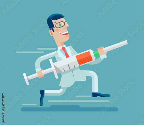 Doctor run with syringe. Vector flat illustration