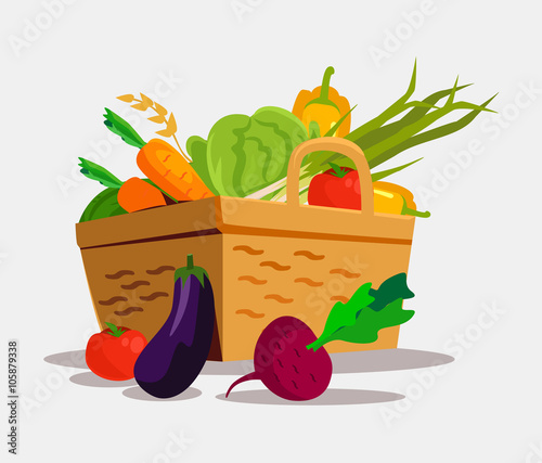 Basket with vegetables. Vector flat illustration