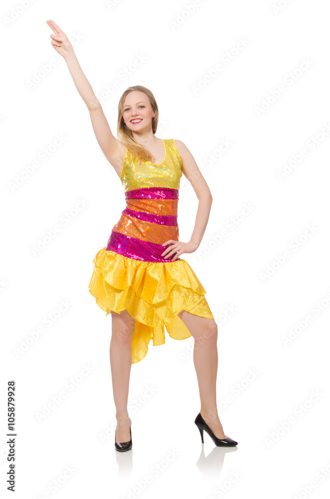 Woman in funny sparkling yellow dress isolated on white Woman in funny sparkling yellow dress isolated on white