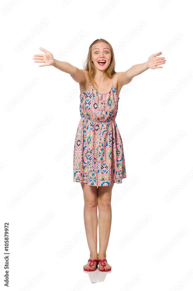 Blondie caucasian girl in summer light dress isolated on white Blondie caucasian girl in summer light dress isolated on white