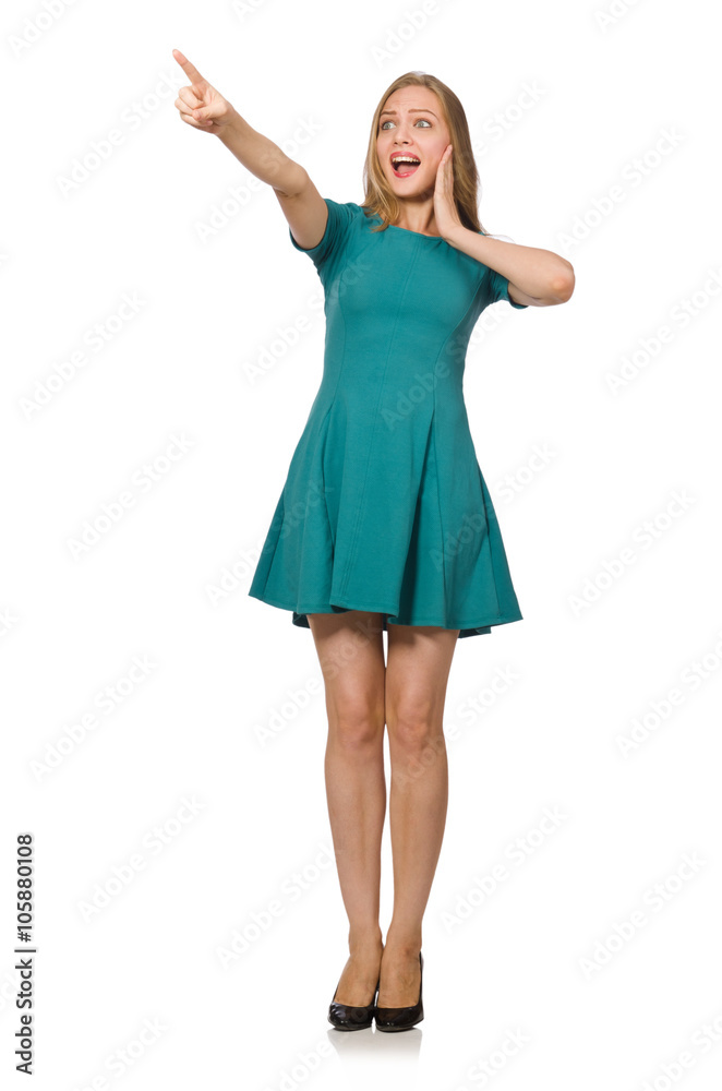 Charming caucasian woman wearing green dress isolated on white