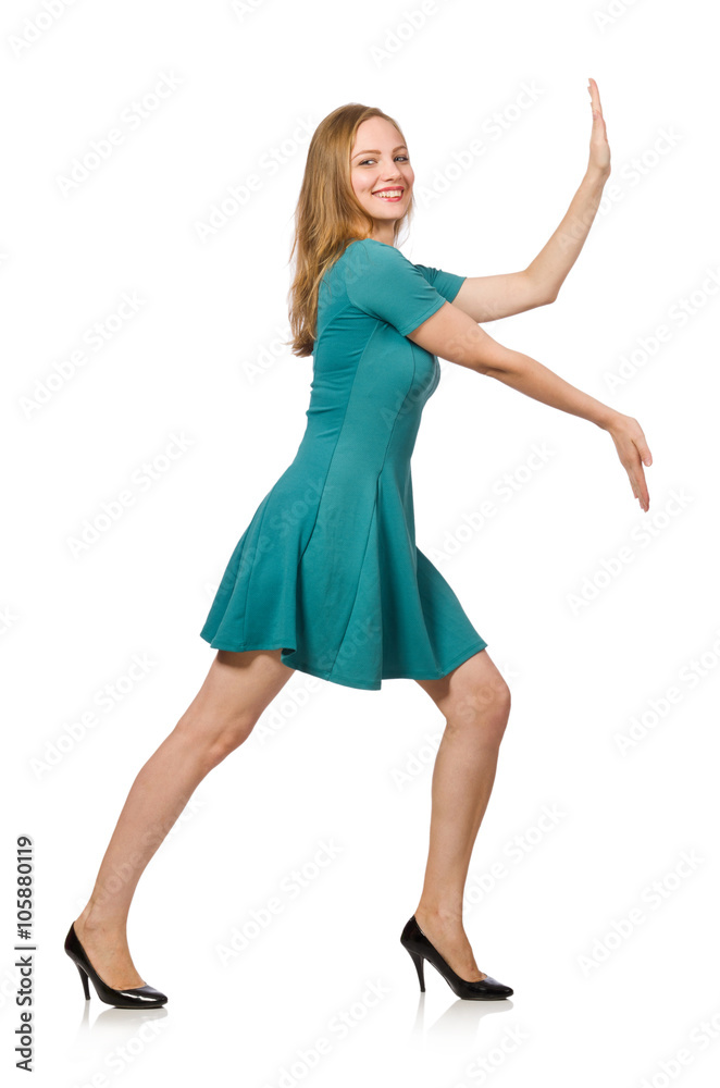 Charming caucasian woman wearing green dress isolated on white Charming caucasian woman wearing green dress isolated on white