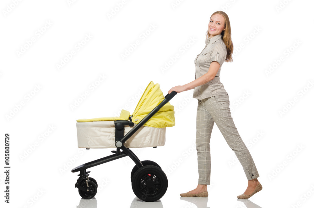Woman with baby and pram isolated on white Woman with baby and pram isolated on white