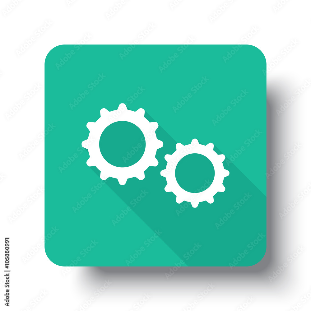 Flat white Gears web icon on green button with drop shadow Flat white Gears web icon on green button with drop shadow