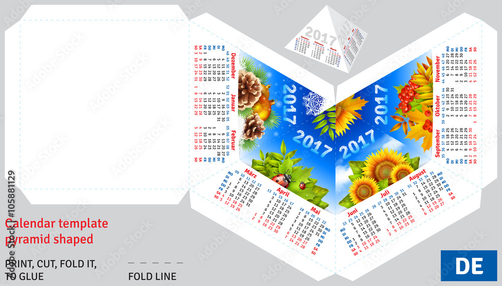 Fototapeta Template german calendar 2017 by seasons pyramid shaped, vector background