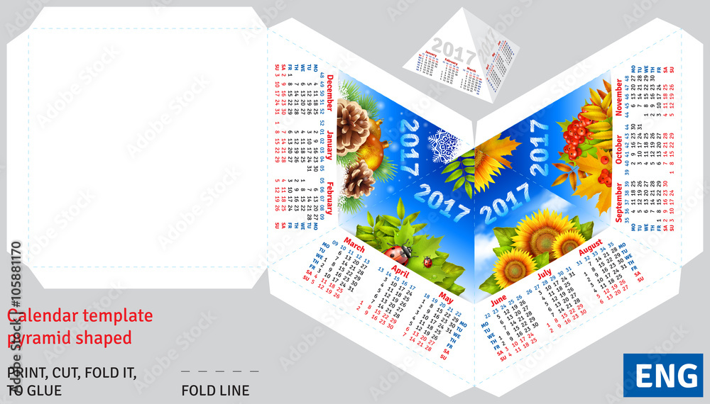 Template english calendar 2017 by seasons pyramid shaped, vector background Template english calendar 2017 by seasons pyramid shaped, vector background
