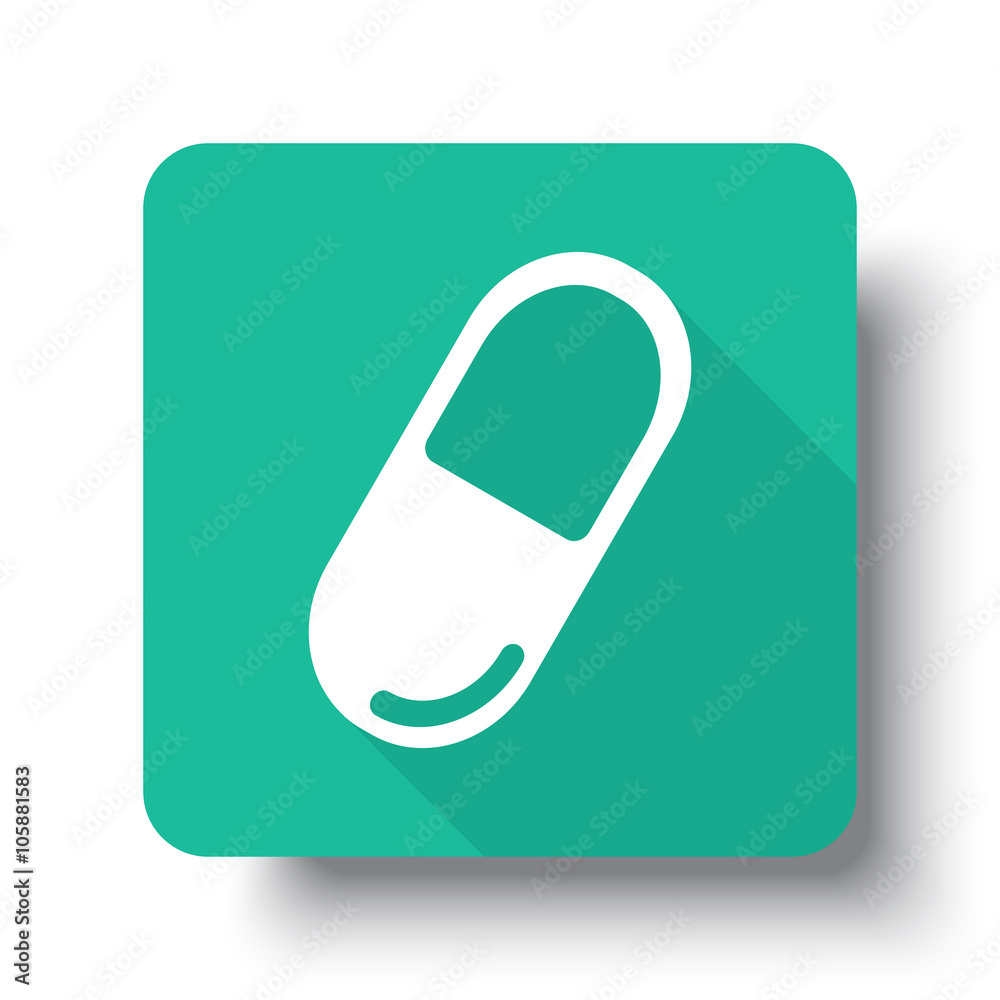 Flat white Pill web icon on green button with drop shadow Flat white Pill web icon on green button with drop shadow