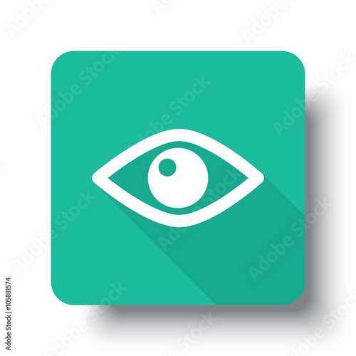Flat white Eye web icon on green button with drop shadow