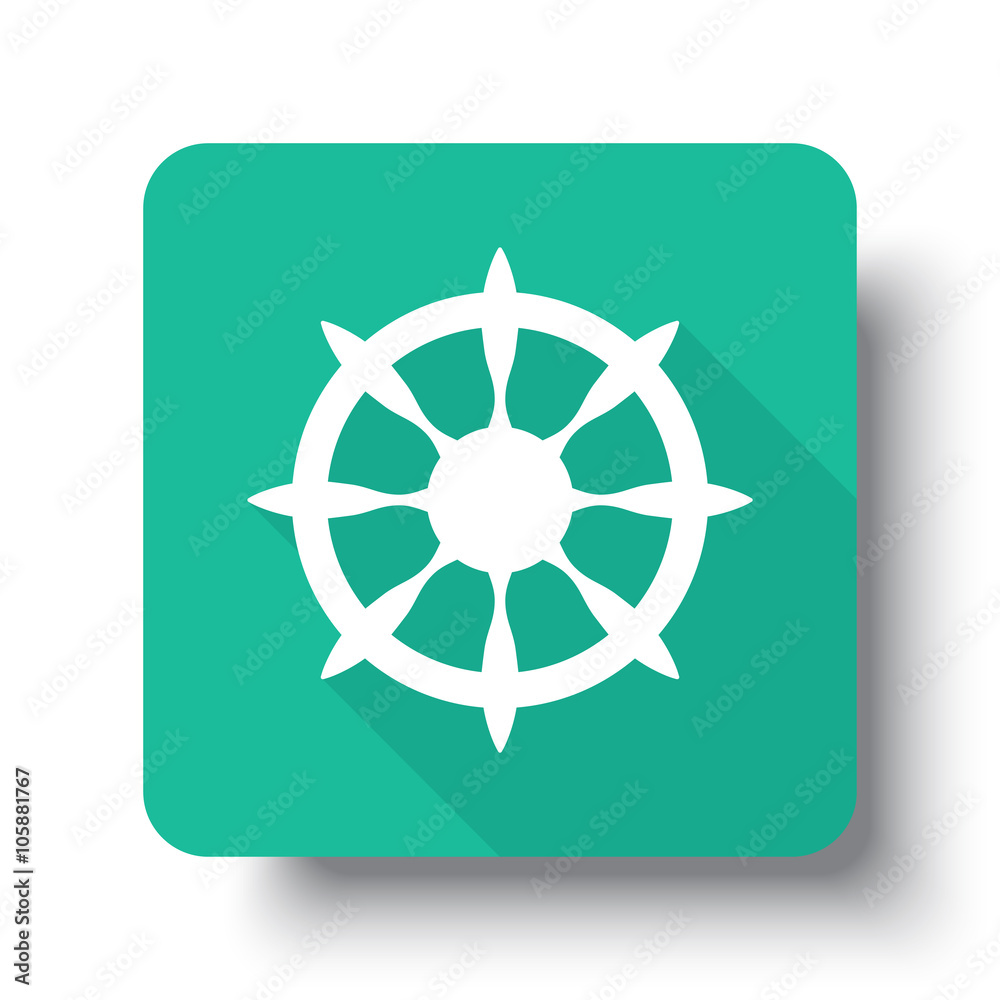 Flat white Boat Wheel web icon on green button with drop shadow Flat white Boat Wheel web icon on green button with drop shadow