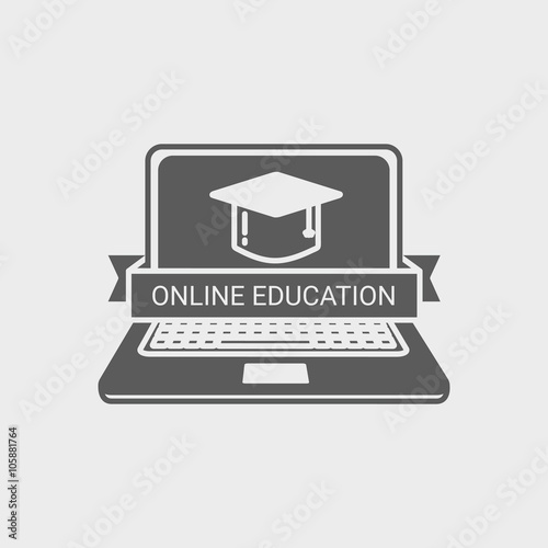 Online education logo with laptop and mortar board. Label, sign  or badge template. Design element on white background